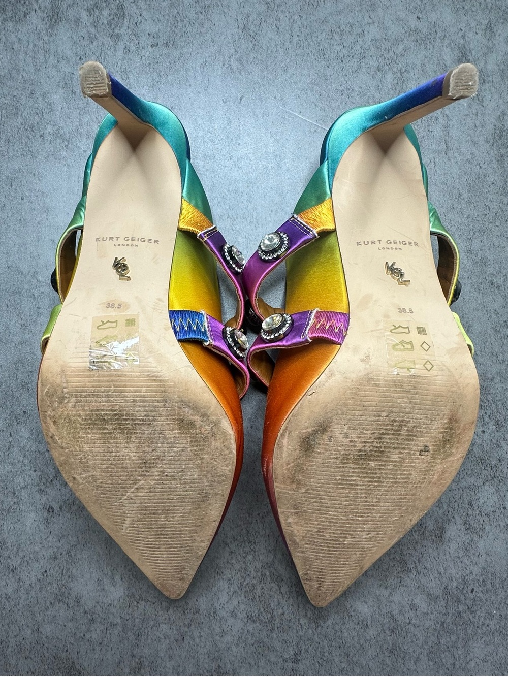 Kurt Geiger Rainbow Ombré Satin Pointed-Toe Mule Heels with Jeweled Straps - Picture 6 of 7